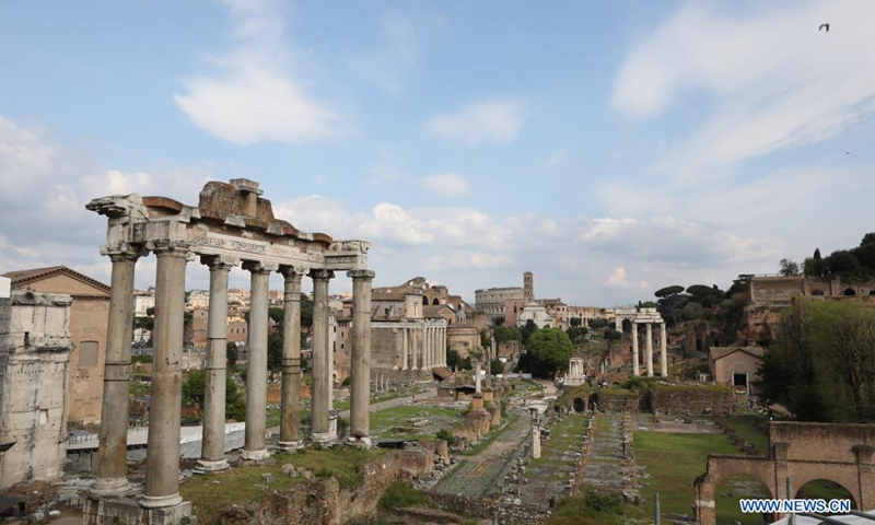 Photo taken on April 21, 2021 shows the Roman Forum in Rome, Italy. The City of Rome celebrated its birthday with a day-long series of events on Wednesday -- but, due to the ongoing coronavirus lockdown, the commemorations were muted. (Photo: Xinhua)