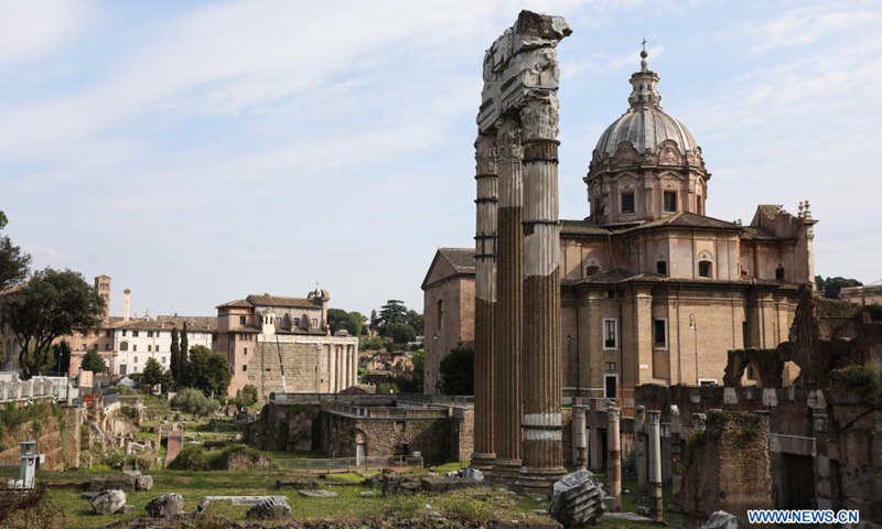 Photo taken on April 21, 2021 shows the Roman Forum in Rome, Italy. The City of Rome celebrated its birthday with a day-long series of events on Wednesday -- but, due to the ongoing coronavirus lockdown, the commemorations were muted.(Photo: Xinhua)