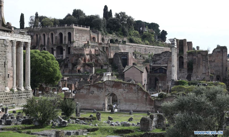 Photo taken on April 21, 2021 shows the Roman Forum in Rome, Italy. The City of Rome celebrated its birthday with a day-long series of events on Wednesday -- but, due to the ongoing coronavirus lockdown, the commemorations were muted.(Photo: Xinhua)