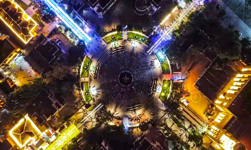 Aerial photo take on May 1, 2021 shows the night view of a highlighted Italian-style street in north China's Tianjin. (Photo by Sun Fanyue/Xinhua)