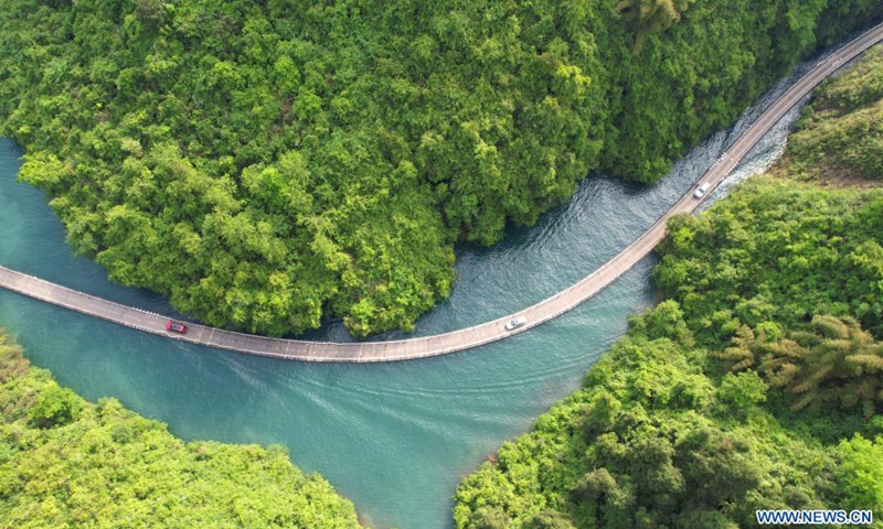 Aerial photo taken on May 2, 2021 shows the view of Shiziguan scenic area in Enshi Tujia and Miao Autonomous Prefecture, central China's Hubei Province. Sunday marks the second day of China's five-day May Day holiday. (Photo by Wang Jun/Xinhua)