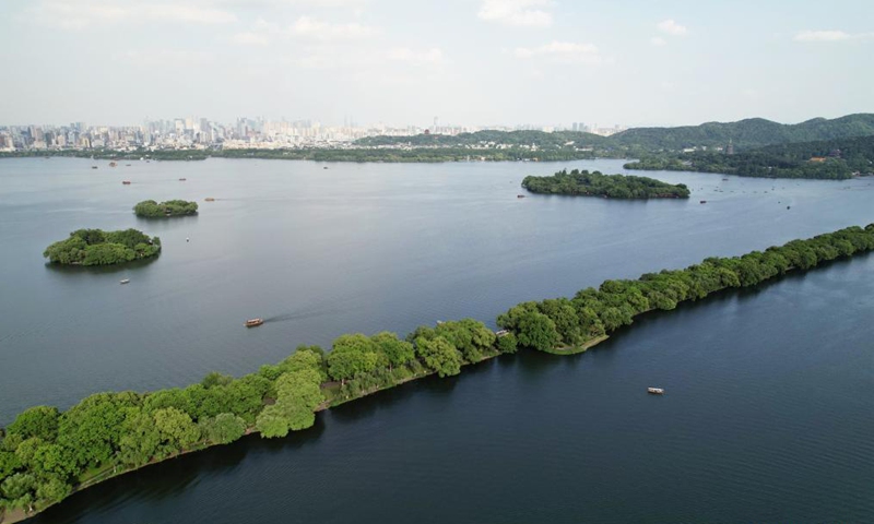 Aerial photo taken on May 7, 2021 shows a view of the West Lake scenic area in Hangzhou, capital of east China's Zhejiang Province.Photo:Xinhua