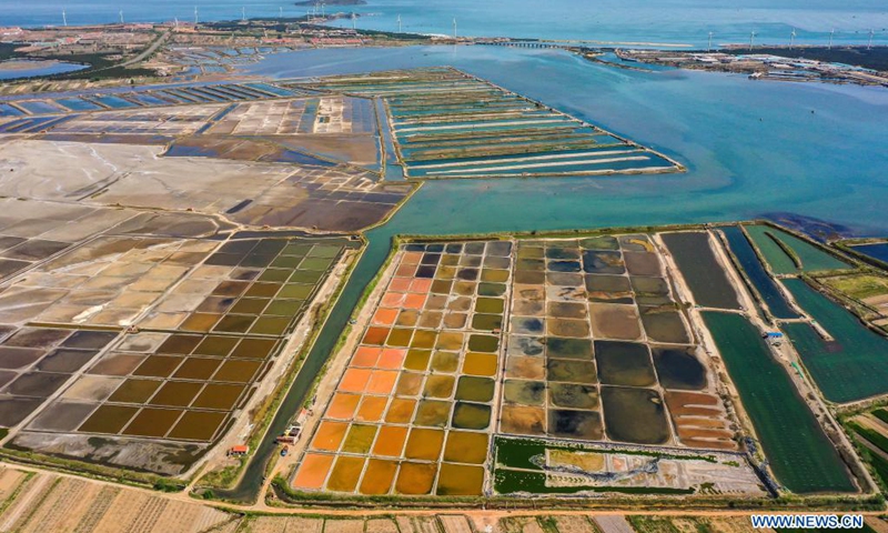 Aerial photo taken on May 9, 2021 shows a patchwork of salt fields in Gangxi Township, Rongcheng, east China's Shandong Province.(Photo: Xinhua)