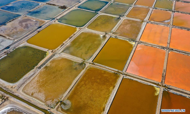 Aerial photo taken on May 9, 2021 shows a patchwork of salt fields in Gangxi Township, Rongcheng, east China's Shandong Province.(Photo: Xinhua)