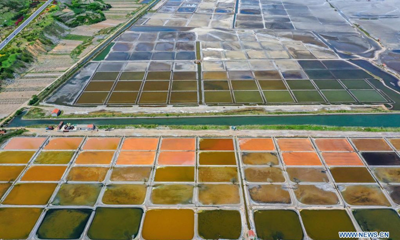 Aerial photo taken on May 9, 2021 shows a patchwork of salt fields in Gangxi Township, Rongcheng, east China's Shandong Province.(Photo: Xinhua)