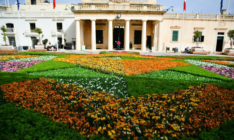 St. George's Square is decorated with flowers and plants during Valletta Green Festival in Valletta, capital of Malta, on May 7, 2021.(Photo: Xinhua)