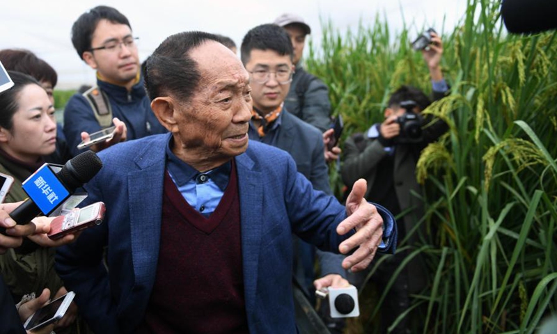 China's Father of Hybrid Rice Yuan Longping receives an interview at an experimental field of giant rice in Jinjing Township of Changsha County, central China's Hunan Province, Oct. 16, 2017.(Photo: Xinhua)