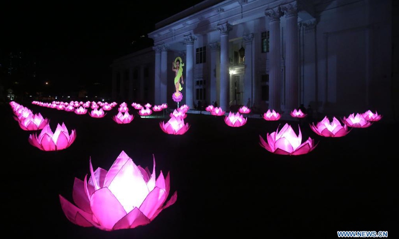 Photo taken on May 26, 2021 shows light decorations illuminated to celebrate the Vesak festival in Colombo, Sri Lanka. The Vesak festival is one of the holiest festivals celebrated in Sri Lanka as it marks the birth, enlightenment and demise of Lord Buddha.(Photo: Xinhua)