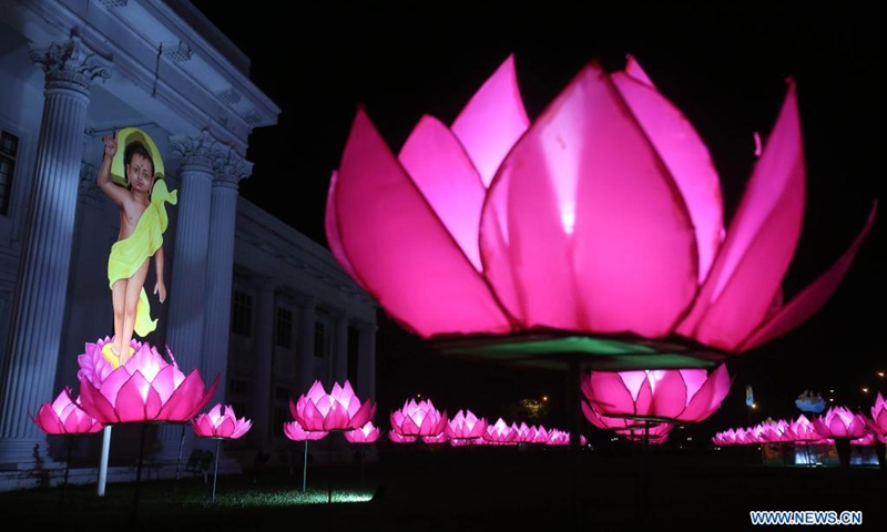 Photo taken on May 26, 2021 shows light decorations illuminated to celebrate the Vesak festival in Colombo, Sri Lanka. The Vesak festival is one of the holiest festivals celebrated in Sri Lanka as it marks the birth, enlightenment and demise of Lord Buddha.(Photo: Xinhua)