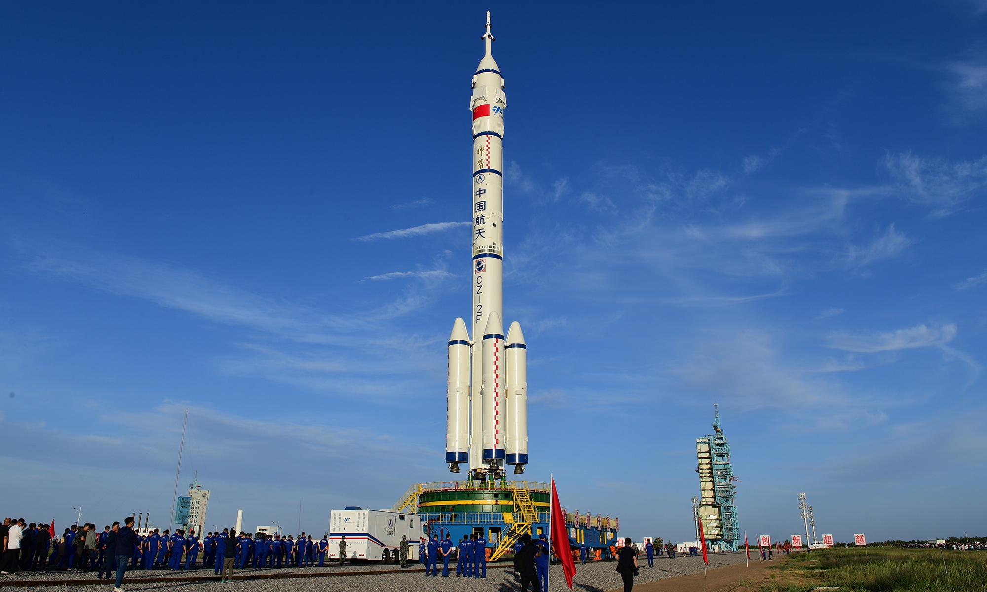 China's Long March-2F Y12 carrier rocket and the Shenzhou-12 spacecraft are moved to the launch pad at the Jiuquan Satellite Launch Center in Northwest China’s Gansu Province on Wednesday. Shenzhou-12 will send three Chinese astronauts to China's Tianhe space station core cabin. Photo: Wang Jiangbo