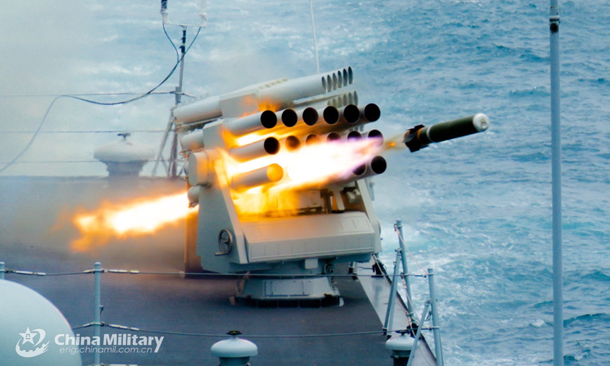 A vessel attached to a destroyer flotilla with the navy under the PLA Eastern Theater Command fires jamming bombs during a four-day-long realistic-combat training exercise in waters of the South China Sea. Photo:China Military