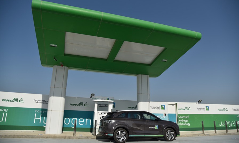 Photo taken on June 27, 2021 shows the first and only hydrogen fueling station in Saudi Arabia at the Air Products' Technology Center in the Dhahran Techno Valley Science Park in Dhahran, Saudi Arabia.(Photo: Xinhua)