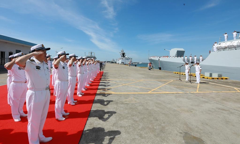 A welcome ceremony is held as China's 37th naval escort fleet returns to a port in Zhanjiang, south China's Guangdong Province, June 29, 2021. A Chinese naval fleet returned to a military port in Zhanjiang on June 29, after concluding escort missions in the Gulf of Aden and the waters off Somalia. (Photo: Xinhua)