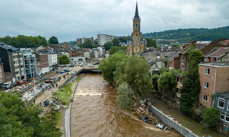 Aerial photo taken on July 16, 2021 shows broken trees after floods in Verviers, Belgium.(Photo: Xinhua)