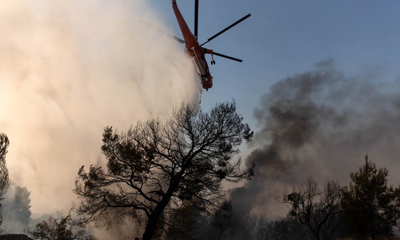 A helicopter is seen dropping water at a burned pine forest at Varybobi, a northern suburb of Athens, Greece, on Aug. 4, 2021. (Photo: Xinhua)