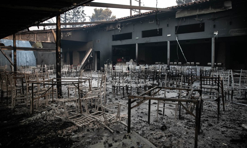 Photo shows a burned event hall after a forest fire raged in Varybobi, a northern suburb of Athens, Greece, Aug. 4, 2021.(Photo: Xinhua)