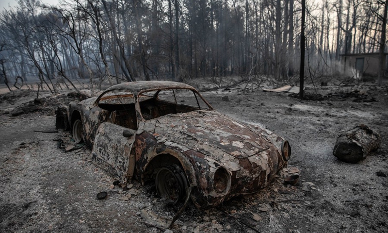 A burned car is seen after a forest fire raged in Varybobi, a northern suburb of Athens, Greece, Aug. 4, 2021.(Photo: Xinhua)