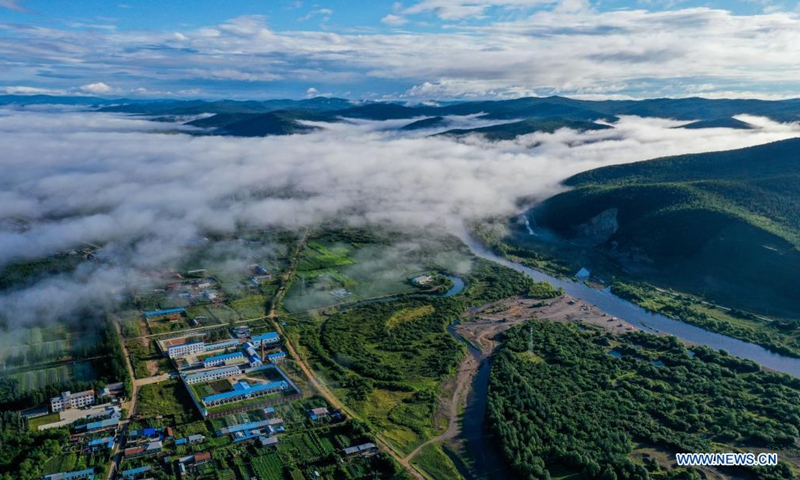 Aerial photo taken on Aug. 6, 2021 shows fog floating over Ali River Township of Oroqen Autonomous Banner of Hulun Buir, north China's Inner Mongolia Autonomous Region. Photo:Xinhua