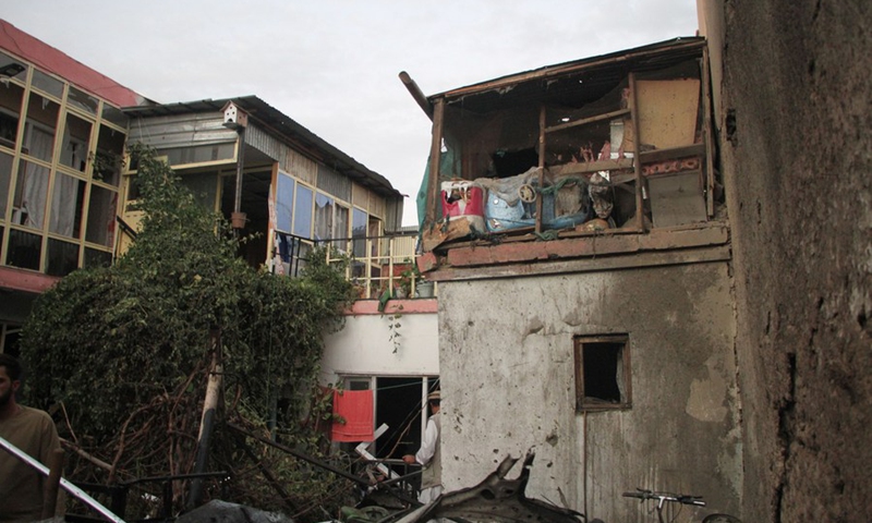 Photo taken on Aug. 29, 2021 shows a damaged house at the site where a rocket struck in Kabul, capital of Afghanistan. (Photo: Xinhua)