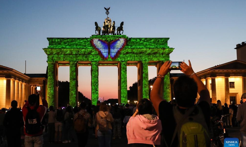 Photo taken on Sept. 3, 2021 shows the Brandenburg Gate illuminated during the 2021 Festival of Lights in Berlin, Germany. Berlin on Friday turned into a city of light art with the opening of the 2021 Festival of Lights, which will last until Sept. 12.Photo:Xinhua