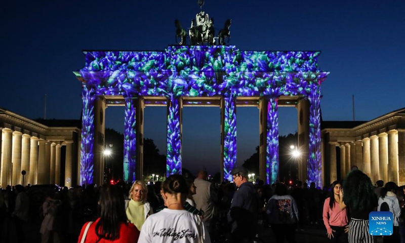 Photo taken on Sept. 3, 2021 shows the Brandenburg Gate illuminated during the 2021 Festival of Lights in Berlin, Germany. Berlin on Friday turned into a city of light art with the opening of the 2021 Festival of Lights, which will last until Sept. 12.Photo:Xinhua