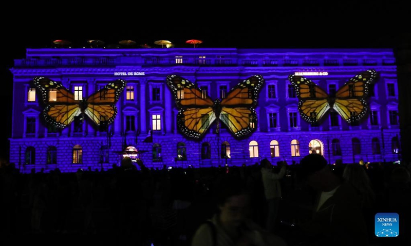 Photo taken on Sept. 3, 2021 shows the Brandenburg Gate illuminated during the 2021 Festival of Lights in Berlin, Germany. Berlin on Friday turned into a city of light art with the opening of the 2021 Festival of Lights, which will last until Sept. 12.Photo:Xinhua