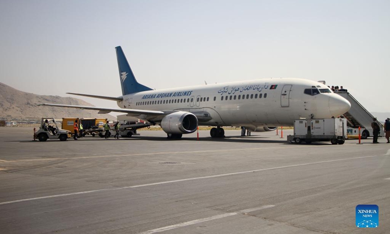 Photo taken on Sept. 6, 2021 shows a plane at the airport in Kabul, capital of Afghanistan. Afghanistan's flag carrier airline Ariana Afghan Airlines has resumed domestic flights, a local television channel reported Sunday.(Photo: Xinhua)