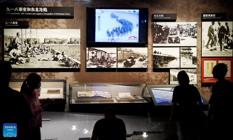 Visitors view exhibits at the Museum of the War of Chinese People's Resistance Against Japanese Aggression in Beijing, capital of China, Sept. 18, 2021. Various activities are held on Sept. 18 in commemoration of the September 18 Incident 90 years ago that marked the start of Japan's 14-year invasion of China.Photo:Xinhua