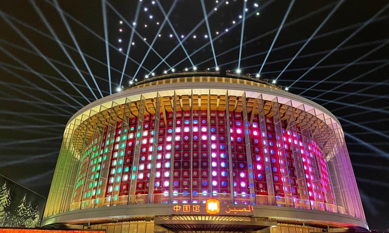 Photo taken on Oct. 4, 2021 shows the light show at the China Pavilion of Expo 2020 Dubai in Dubai, the United Arab Emirates. Covering an area of 4,636 square meters, the China Pavilion is one of the largest at the expo. Featuring a lantern-shaped design, the pavilion is called The Light of China, symbolizing hope and a bright future. (Xinhua/Su Xiaopo)