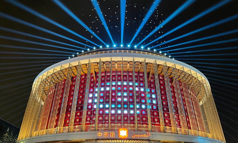 Photo taken on Oct. 4, 2021 shows the light show at the China Pavilion of Expo 2020 Dubai in Dubai, the United Arab Emirates. Covering an area of 4,636 square meters, the China Pavilion is one of the largest at the expo. Featuring a lantern-shaped design, the pavilion is called The Light of China, symbolizing hope and a bright future. (Xinhua/Su Xiaopo)