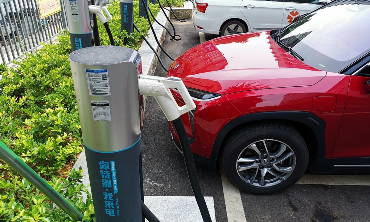 An electric car is being charged at a charging station in Wuhan, Central China's Hubei Province on June 4, 2020. Photo: CFP