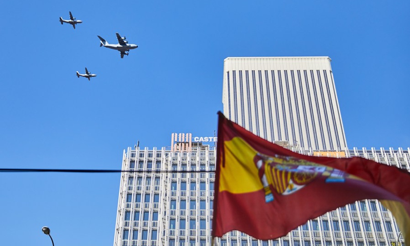 Planes fly at a parade to celebrate the National Day of Spain in Madrid, Spain, Oct. 12, 2021.(Photo: Xinhua)