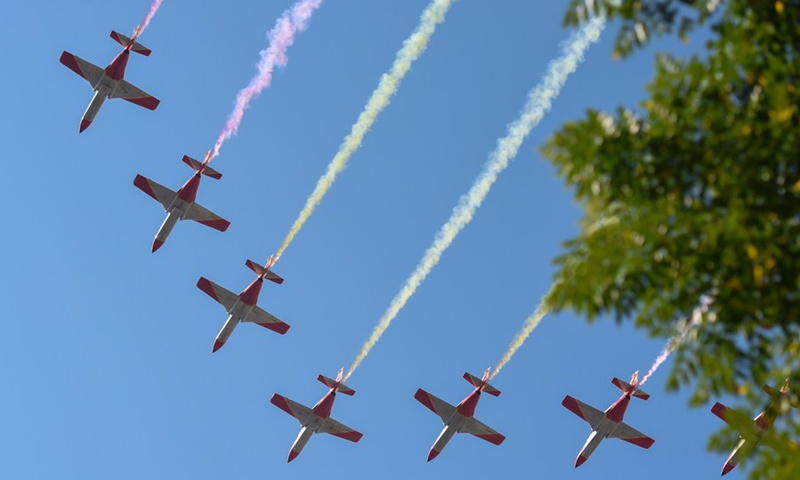 Planes fly at a parade to celebrate the National Day of Spain in Madrid, Spain, Oct. 12, 2021.(Photo: Xinhua)