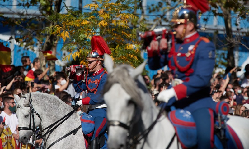 Soldiers attend a parade to celebrate the National Day of Spain in Madrid, Spain, Oct. 12, 2021.(Photo: Xinhua)