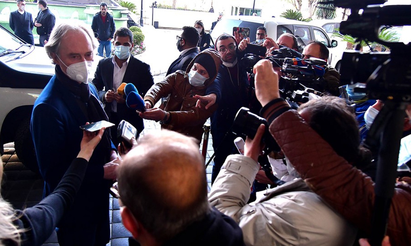 UN special envoy to Syria Geir Pedersen speaks to reporters upon arriving at the Four Seasons hotel in Damascus, Syria, on Feb. 21, 2021.(Photo: Xinhua)