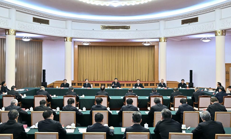 Chinese President Xi Jinping, also general secretary of the Communist Party of China Central Committee and chairman of the Central Military Commission, chairs a symposium on ecological protection and high-quality development of the Yellow River basin in Jinan, east China's Shandong Province, Oct 22, 2021.Photo:Xinhua