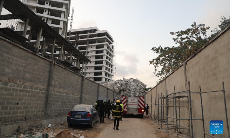 Rescuers work at the site of a building collapse in Lagos, Nigeria, on Nov. 1, 2021. At least four people were killed after a 21-storey building under construction collapsed Monday afternoon in the city of Lagos, Nigeria's economic hub, an emergency management official said.(Photo: Xinhua)