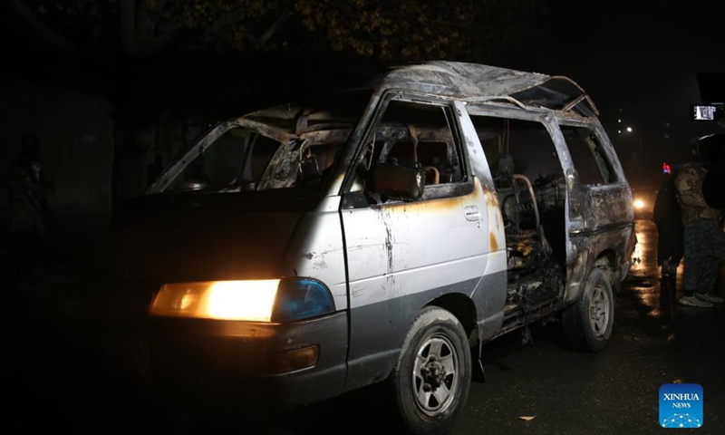 Photo taken on Nov. 13, 2021 shows a damaged vehicle at the site of an explosion in Kabul, Afghanistan.Photo:Xinhua