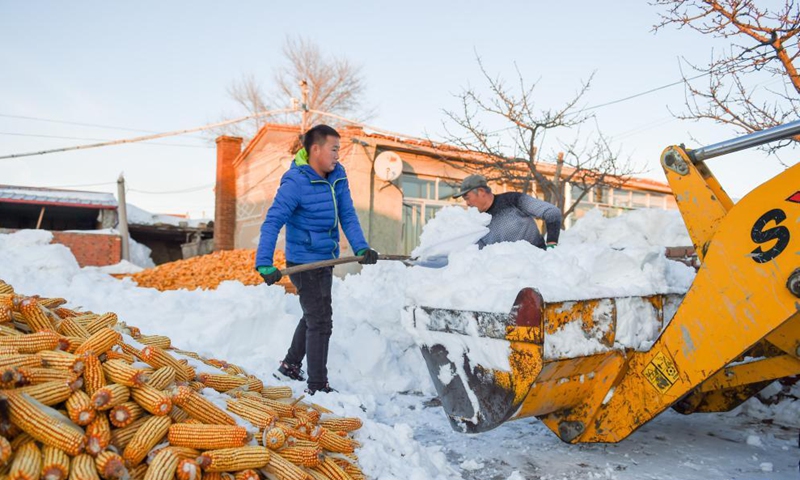 Villagers clear snow in Kulun Banner of Tongliao, north China's Inner Mongolia Autonomous Region, Nov. 12, 2021.Photo:Xinhua