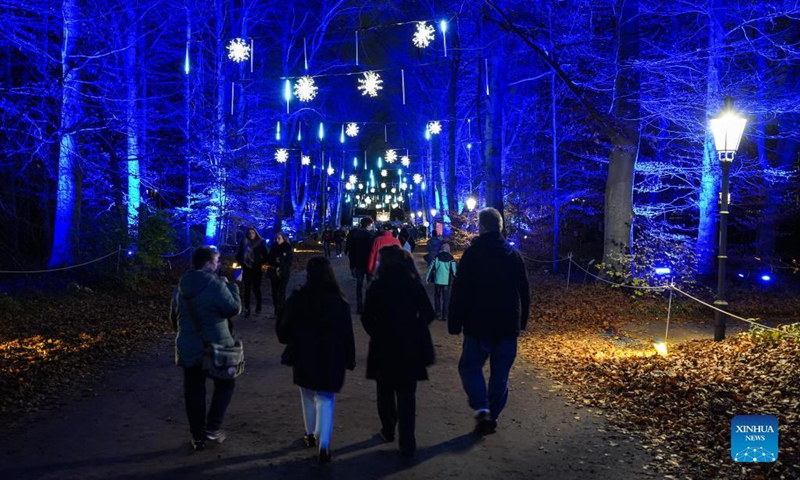 Visitors walk past illuminated trees with light decorations during the Christmas Garden Berlin light show at Berlin-Dahlem Botanical Garden in Berlin, capital of Germany, Nov. 19, 2021. The Christmas Garden Berlin kicked off on Friday and will last until Jan. 9, 2022. (Photo by Stefan Zeitz/Xinhua)