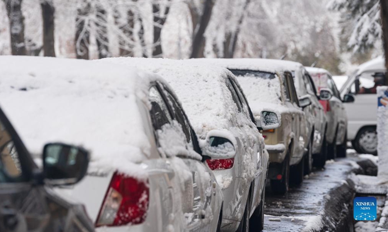 Cars are seen covered with snow in Tashkent, Uzbekistan, Nov. 17, 2021. Tashkent witnessed a snowfall on Wednesday. (Xinhua)