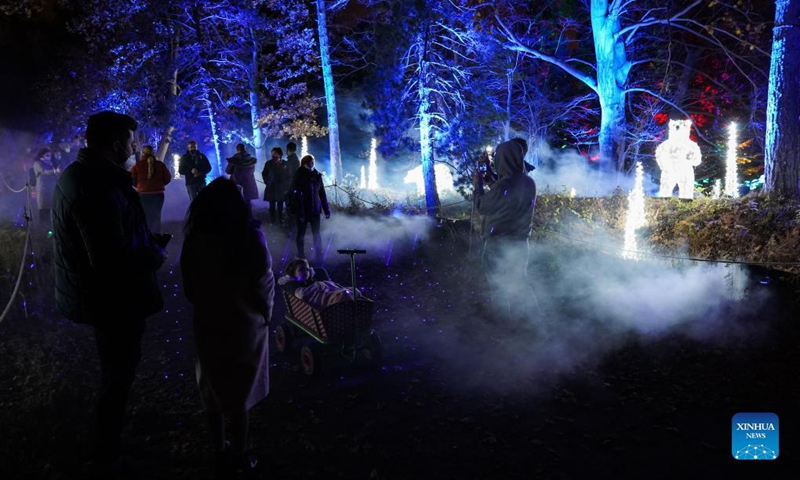 Visitors view light decorations during the Christmas Garden Berlin light show at Berlin-Dahlem Botanical Garden in Berlin, capital of Germany, Nov. 19, 2021. The Christmas Garden Berlin kicked off on Friday and will last until Jan. 9, 2022. (Photo by Stefan Zeitz/Xinhua)