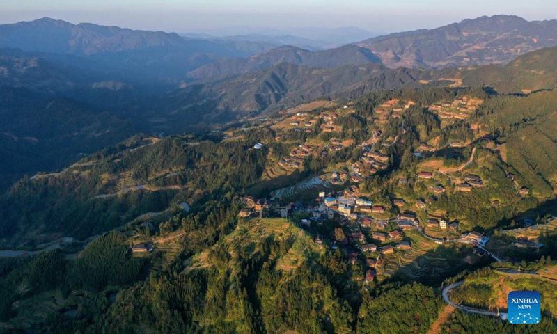 Aerial photo taken on Nov. 25, 2021 shows the winter scenery of Dangjiu Village in Gandong Township of Rongshui Miao Autonomous County, south China's Guangxi Zhuang Autonomous Region.(Photo; Xinhua)