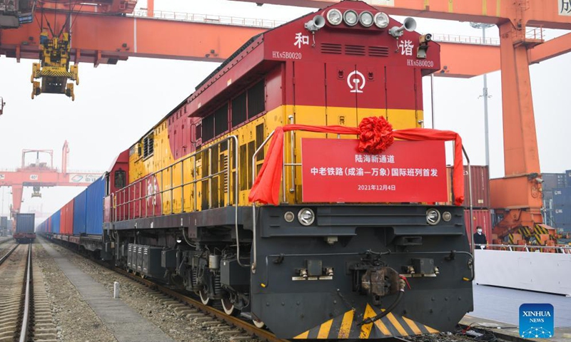 A freight train bound for Lao capital Vientiane is about to set off from southwest China's Chongqing, Dec. 4, 2021.Photo:Xinhua