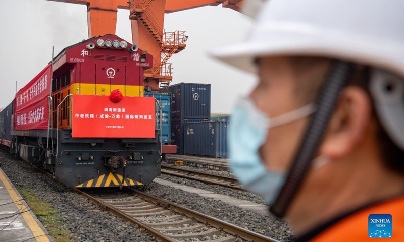 A freight train bound for Lao capital Vientiane is about to set off from southwest China's Chongqing, Dec. 4, 2021.Photo:Xinhua