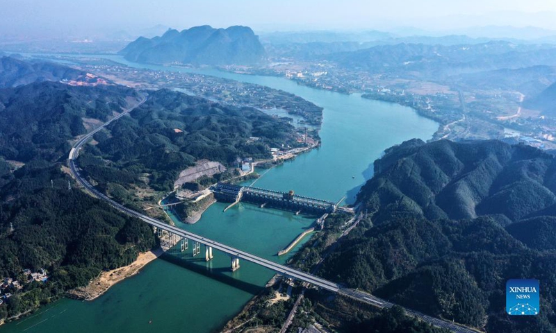 Aerial photo taken on Dec. 4, 2021 shows the scenery near Fushi hydropower station in Rongan County, south China's Guangxi Zhuang Autonomous Region.Photo:Xinhua