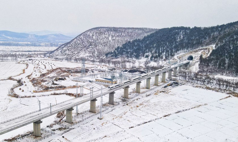 A train runs on the high-speed railway linking the cities of Mudanjiang and Jiamusi in northeast China's Heilongjiang Province, Dec. 6, 2021.(Photo: Xinhua)