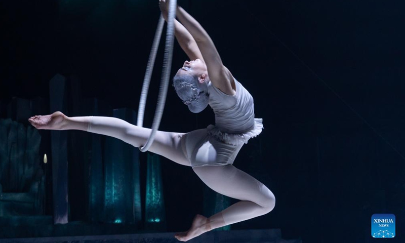 Members of Hungary's contemporary circus company Recirquel perform during their Christmas show Crystal at Mupa in Budapest, Hungary, Dec. 10, 2021.Photo:Xinhua