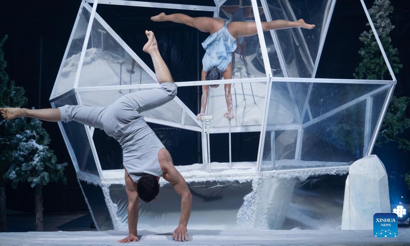 Members of Hungary's contemporary circus company Recirquel perform during their Christmas show Crystal at Mupa in Budapest, Hungary, Dec. 10, 2021.Photo:Xinhua