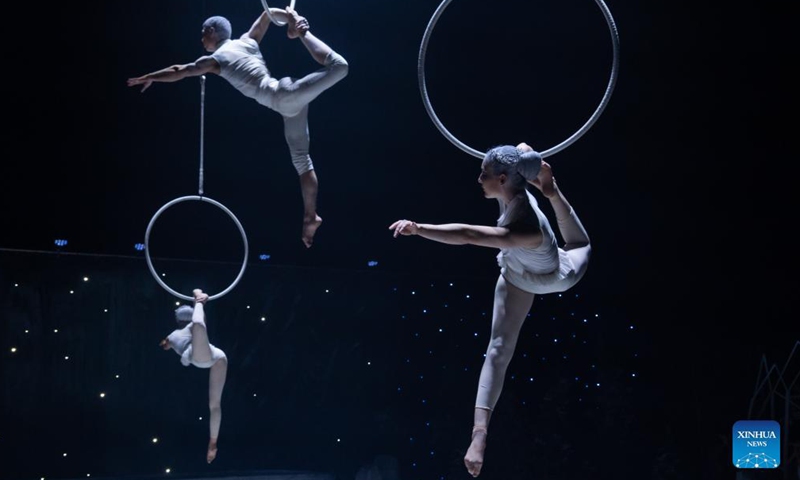 Members of Hungary's contemporary circus company Recirquel perform during their Christmas show Crystal at Mupa in Budapest, Hungary, Dec. 10, 2021.Photo:Xinhua